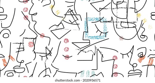 Dibujo de una línea. Resumen de la cara sin fisuras. Vector Arte mínimo moderno. Fondo de contorno gráfico. Dibujo continuo de líneas. Diseño lineal de caras de hombre y mujer. Belleza horizontal impresión moderna.