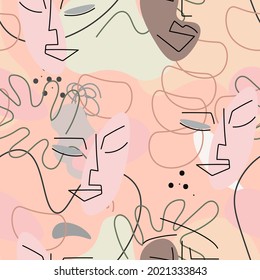 One line drawing. Abstract face seamless pattern. Vector Modern minimal art.  Graphics contour background. Continuous line drawing. Linear design woman and man faces. Beauty modern print. 