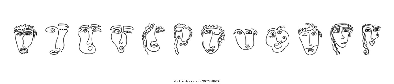Ilustración abstracta de dibujo de una línea. Gráfico vectorial aislado de arte moderno. Establecer colección. Impresión mínima de moda. Retrato de hombre y mujer.