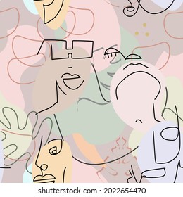 One line drawing. Abstract face seamless pattern. Vector Modern minimal art.  Graphics contour background. Continuous line drawing. Linear design woman and man faces. Beauty modern print. 