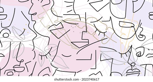 One line drawing. Abstract face seamless pattern. Vector Modern minimal art. Graphics contour background. Continuous line drawing. Linear design woman and man faces. Beauty modern print.
