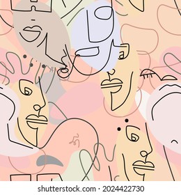 One line drawing. Abstract face seamless pattern. Vector Modern minimal art.  Graphics contour background. Continuous line drawing. Linear design woman and man faces. Beauty modern print. 