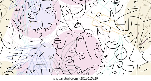 One line drawing. Abstract face seamless pattern. Vector Modern minimal art. Graphics contour background. Continuous line drawing. Linear design woman and man faces. Beauty modern print.