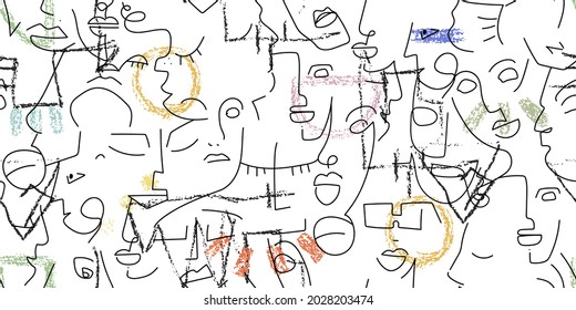 One line drawing. Abstract face seamless pattern. Vector Modern minimal art. Graphics contour background. Continuous line drawing. Linear design woman and man faces. Horizontal Beauty modern print.