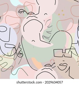 One line drawing. Abstract face seamless pattern. Vector Modern minimal art.  Graphics contour background. Continuous line drawing. Linear design woman and man faces. Beauty modern print. 