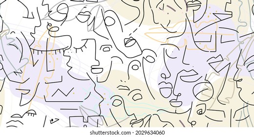 One line drawing. Abstract face seamless pattern. Vector Modern minimal art. Graphics contour background. Continuous line drawing. Linear design woman and man faces. Beauty modern print.