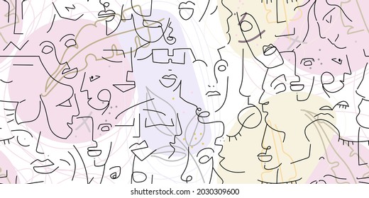 One line drawing. Abstract face seamless pattern. Vector Modern minimal art. Graphics contour background. Continuous line drawing. Linear design woman and man faces. Beauty modern print.