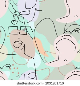 Dibujo de una línea. Resumen de la cara sin fisuras. Vector Arte mínimo moderno. Fondo de contorno gráfico. Dibujo continuo de líneas. Diseño lineal de caras de hombre y mujer. La belleza de la impresión moderna. 