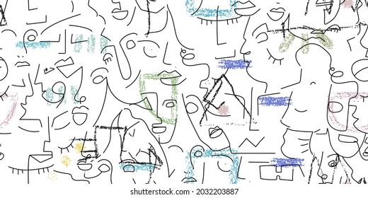 One line drawing. Abstract face seamless pattern. Vector Modern minimal art. Graphics contour background. Continuous line drawing. Linear design woman and man faces. Horizontal Beauty modern print.