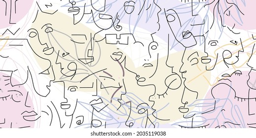 One line drawing. Abstract face seamless pattern. Vector Modern minimal art. Graphics contour background. Continuous line drawing. Linear design woman and man faces. Beauty modern print.