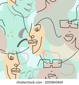 One line drawing. Abstract face seamless pattern. Vector Modern minimal art.  Graphics contour background. Continuous line drawing. Linear design woman and man faces. Beauty modern print. 