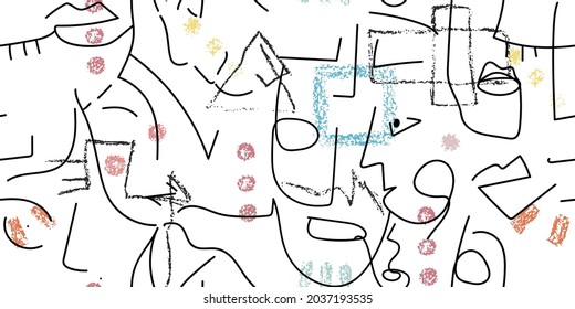 One line drawing. Abstract face seamless pattern. Vector Modern minimal art. Graphics contour background. Continuous line drawing. Linear design woman and man faces. Horizontal Beauty modern print.