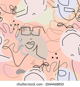 One line drawing. Abstract face seamless pattern. Vector Modern minimal art.  Graphics contour background. Continuous line drawing. Linear design woman and man faces. Beauty modern print. 