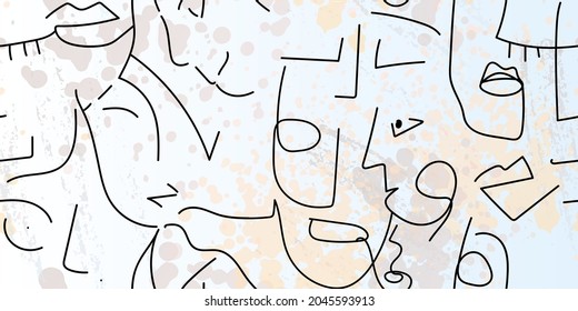 Dibujo de una línea. Resumen de la cara sin fisuras. Vector Arte mínimo moderno. Fondo de contorno gráfico. Dibujo continuo de líneas. Diseño lineal de caras de hombre y mujer. La belleza de la impresión moderna.