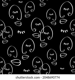 One line drawing abstract face seamless pattern. Modern contemporary aesthetic print, minimalism art, contour line art. Continuous with people faces. Vector design for print, decor, poster, pattern
