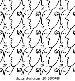 One line drawing abstract face seamless pattern. Modern contemporary aesthetic print, minimalism art, contour line art. Continuous with people faces. Vector design for print, decor, poster, pattern
