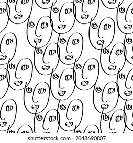 One line drawing abstract face seamless pattern. Modern contemporary aesthetic print, minimalism art, contour line art. Continuous with people faces. Vector design for print, decor, poster, pattern