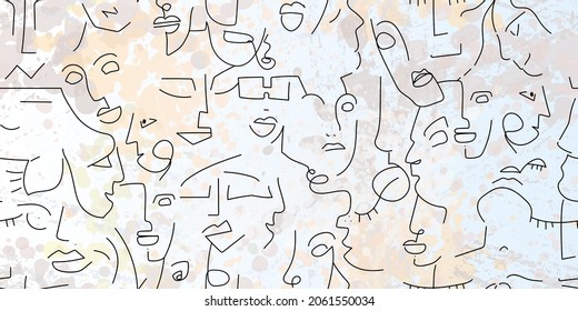 One line drawing. Abstract face seamless pattern. Vector Modern minimal art. Graphics contour background. Continuous line drawing. Linear design woman and man faces. Beauty modern print.
