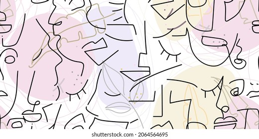 Dibujo de una línea. Resumen de la cara sin fisuras. Vector Arte mínimo moderno. Fondo de contorno gráfico. Dibujo continuo de líneas. Diseño lineal de caras de hombre y mujer. La belleza de la impresión moderna.