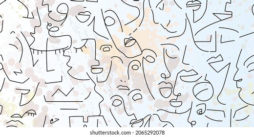 One line drawing. Abstract face seamless pattern. Vector Modern minimal art. Graphics contour background. Continuous line drawing. Linear design woman and man faces. Beauty modern print.