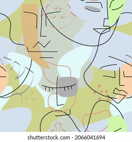 One line drawing. Abstract face seamless pattern. Vector Modern minimal art.  Graphics contour background. Continuous line drawing. Linear design woman and man faces. Beauty modern print. 
