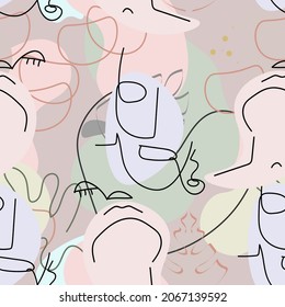 One line drawing. Abstract face seamless pattern. Vector Modern minimal art.  Graphics contour background. Continuous line drawing. Linear design woman and man faces. Beauty modern print. 