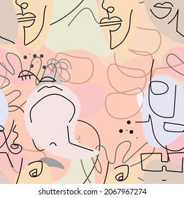 One line drawing. Abstract face seamless pattern. Vector Modern minimal art.  Graphics contour background. Continuous line drawing. Linear design woman and man faces. Beauty modern print. 