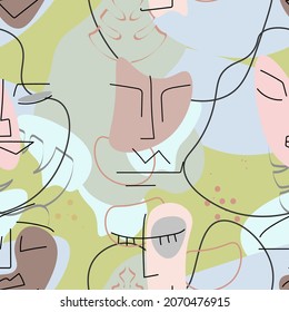 Eine Zeichnung. Abstraktes Gesicht nahtloses Muster. Vektorgrafik Moderne minimale Kunst. Konturhintergrund für Grafiken. Durchgehende Zeilenzeichnung. Lineares Design, Frau und Mann Gesichter. Schönes, modernes Drucken. 