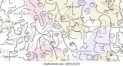 One line drawing. Abstract face seamless pattern. Vector Modern minimal art. Graphics contour background. Continuous line drawing. Linear design woman and man faces. Beauty modern print.