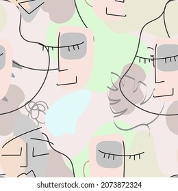 One line drawing. Abstract face seamless pattern. Vector Modern minimal art.  Graphics contour background. Continuous line drawing. Linear design woman and man faces. Beauty modern print. 