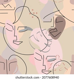 One line drawing. Abstract face seamless pattern. Vector Modern minimal art.  Graphics contour background. Continuous line drawing. Linear design woman and man faces. Beauty modern print. 