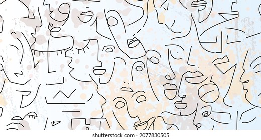 One line drawing. Abstract face seamless pattern. Vector Modern minimal art. Graphics contour background. Continuous line drawing. Linear design woman and man faces. Beauty modern print.