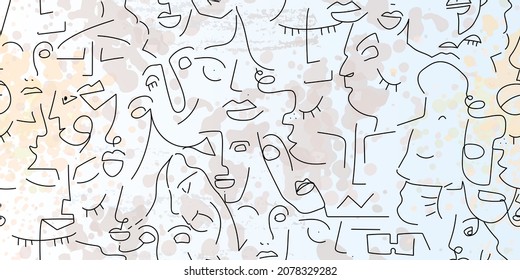 One line drawing. Abstract face seamless pattern. Vector Modern minimal art. Graphics contour background. Continuous line drawing. Linear design woman and man faces. Beauty modern print.