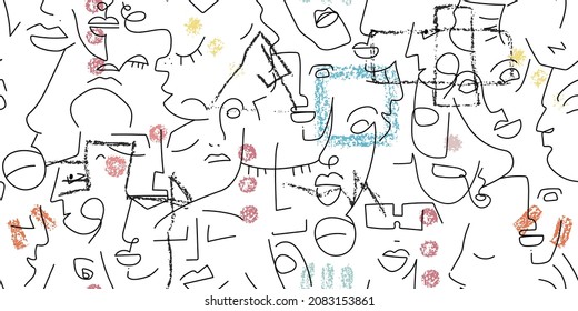 One line drawing. Abstract face seamless pattern. Vector Modern minimal art. Graphics contour background. Continuous line drawing. Linear design woman and man faces. Horizontal Beauty modern print.