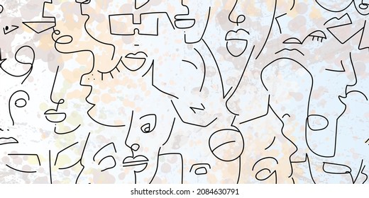 One line drawing. Abstract face seamless pattern. Vector Modern minimal art. Graphics contour background. Continuous line drawing. Linear design woman and man faces. Beauty modern print.