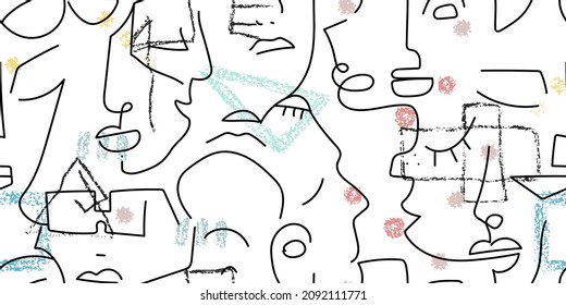 One line drawing. Abstract face seamless pattern. Vector Modern minimal art. Graphics contour background. Continuous line drawing. Linear design woman and man faces. Horizontal Beauty modern print.