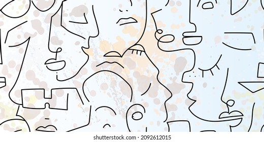 Eine Zeichnung. Abstraktes Gesicht nahtloses Muster. Vektorgrafik Moderne minimale Kunst. Konturhintergrund für Grafiken. Durchgehende Zeilenzeichnung. Lineares Design, Frau und Mann Gesichter. Schönes, modernes Drucken.