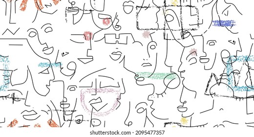 Eine Zeichnung. Abstraktes Gesicht nahtloses Muster. Vektorgrafik Moderne minimale Kunst. Konturhintergrund für Grafiken. Durchgehende Zeilenzeichnung. Lineares Design, Frau und Mann Gesichter. Horizontal Beauty modern bedruckt.