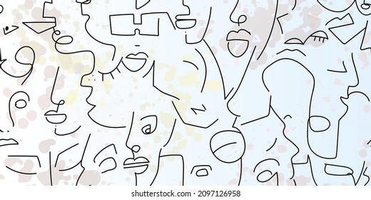 Eine Zeichnung. Abstraktes Gesicht nahtloses Muster. Vektorgrafik Moderne minimale Kunst. Konturhintergrund für Grafiken. Durchgehende Zeilenzeichnung. Lineares Design, Frau und Mann Gesichter. Schönes, modernes Drucken.