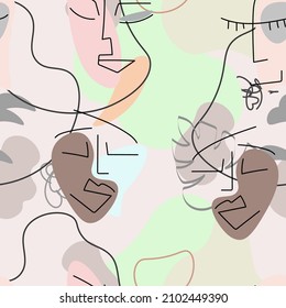 Dibujo de una línea. Resumen de la cara sin fisuras. Vector Arte mínimo moderno. Fondo de contorno gráfico. Dibujo continuo de líneas. Diseño lineal de caras de hombre y mujer. La belleza de la impresión moderna. 