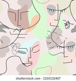 One line drawing. Abstract face seamless pattern. Vector Modern minimal art.  Graphics contour background. Continuous line drawing. Linear design woman and man faces. Beauty modern print. 