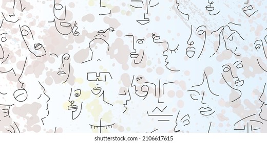 One line drawing. Abstract face seamless pattern. Vector Modern minimal art. Graphics contour background. Continuous line drawing. Linear design woman and man faces. Beauty modern print.