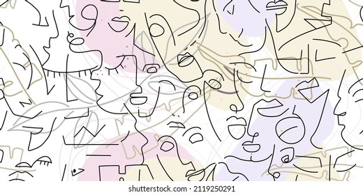 Eine Zeichnung. Abstraktes Gesicht nahtloses Muster. Vektorgrafik Moderne minimale Kunst. Konturhintergrund für Grafiken. Durchgehende Zeilenzeichnung. Lineares Design, Frau und Mann Gesichter. Schönes, modernes Drucken.