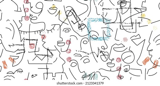Eine Zeichnung. Abstraktes Gesicht nahtloses Muster. Vektorgrafik Moderne minimale Kunst. Konturhintergrund für Grafiken. Durchgehende Zeilenzeichnung. Lineares Design, Frau und Mann Gesichter. Horizontal Beauty modern bedruckt.