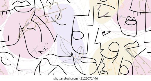 One line drawing. Abstract face seamless pattern. Vector Modern minimal art. Graphics contour background. Continuous line drawing. Linear design woman and man faces. Beauty modern print.