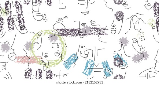 One line drawing. Abstract face seamless pattern. Vector Modern minimal art. Graphics contour background. Continuous line drawing. Linear design woman and man faces. Horizontal Beauty modern print.
