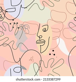 One line drawing. Abstract face seamless pattern. Vector Modern minimal art.  Graphics contour background. Continuous line drawing. Linear design woman and man faces. Beauty modern print. 