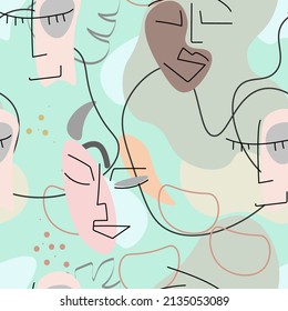 One line drawing. Abstract face seamless pattern. Vector Modern minimal art.  Graphics contour background. Continuous line drawing. Linear design woman and man faces. Beauty modern print. 