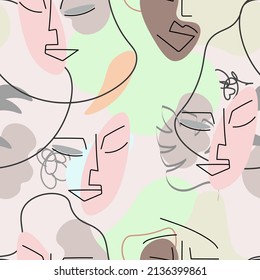 One line drawing. Abstract face seamless pattern. Vector Modern minimal art.  Graphics contour background. Continuous line drawing. Linear design woman and man faces. Beauty modern print. 