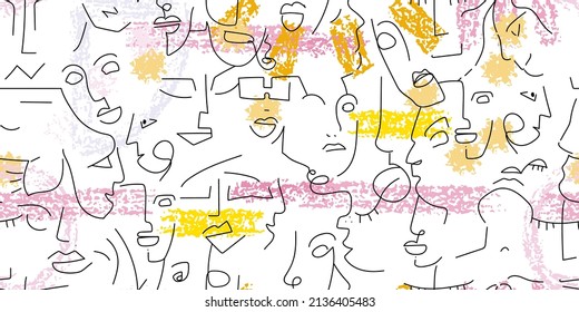 One line drawing. Abstract face seamless pattern. Vector Modern minimal art. Graphics contour background. Continuous line drawing. Linear design woman and man faces. Horizontal Beauty modern print.